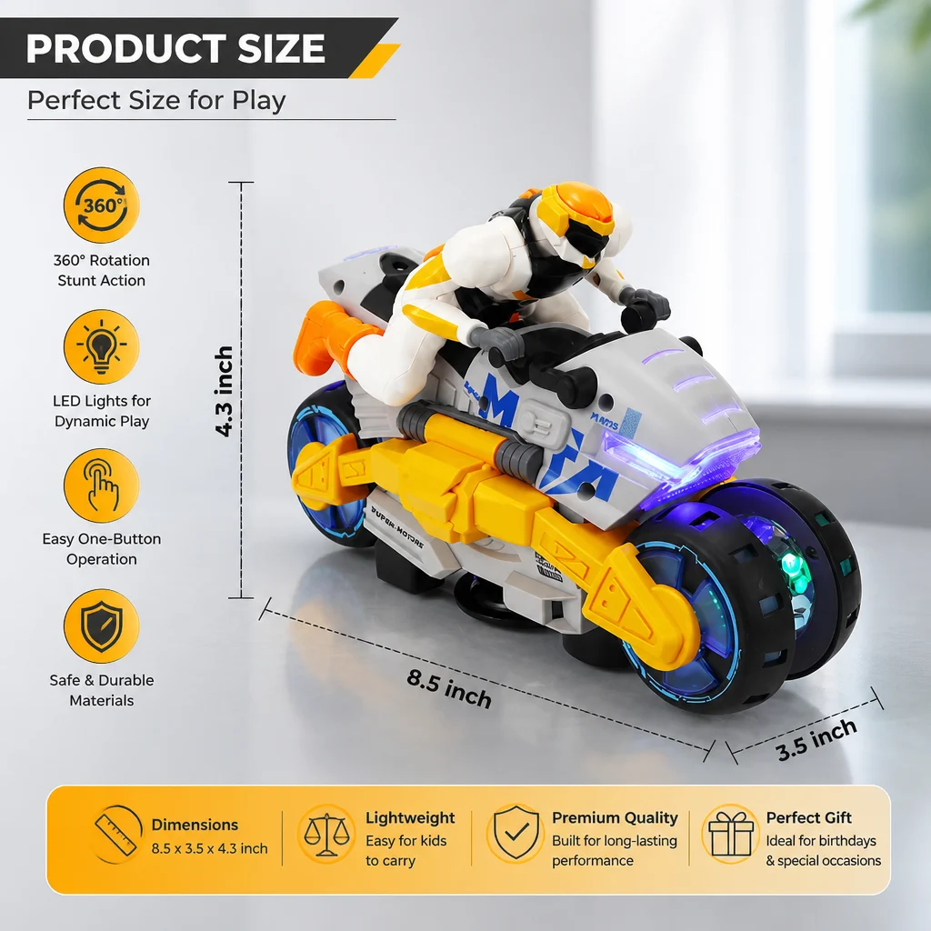 Kids Transformable Stunt Motorcycle Toy with 360 Degree Rotating Action