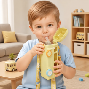 Kids Bus Shaped Water Bottle with Straw and Adjustable Strap