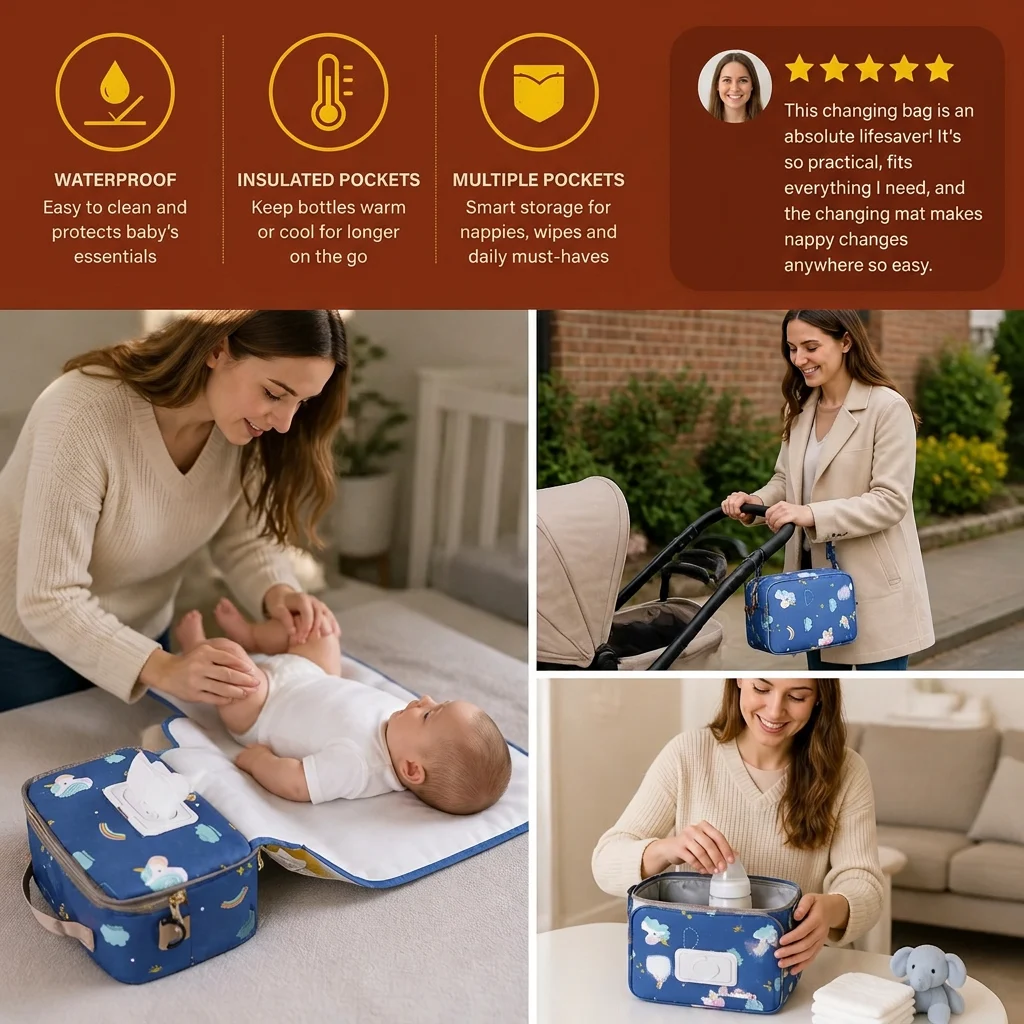 3in1 Stroller Organizer Bag โ Waterproof Diaper Caddy with Insulated Pockets