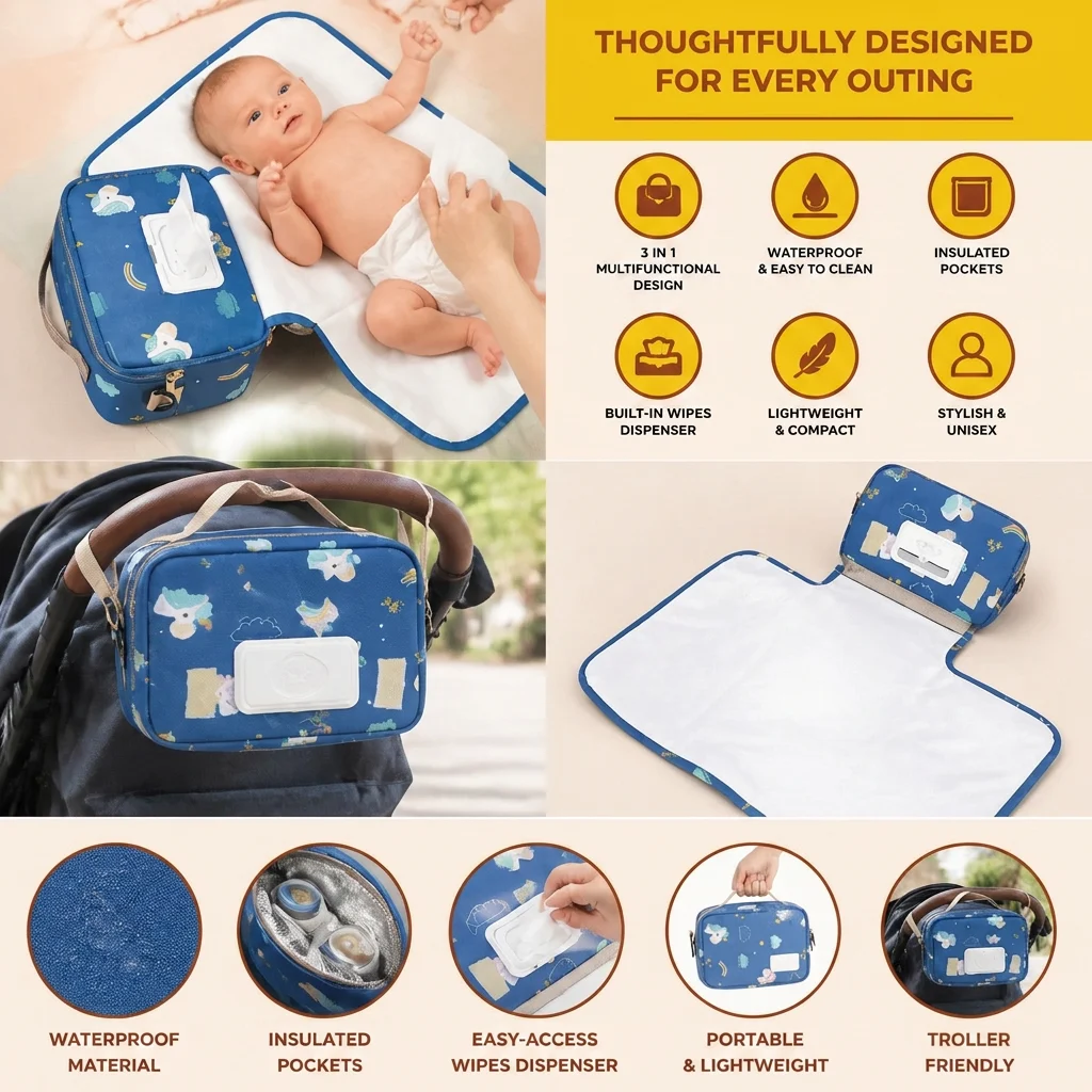3in1 Stroller Organizer Bag โ Waterproof Diaper Caddy with Insulated Pockets