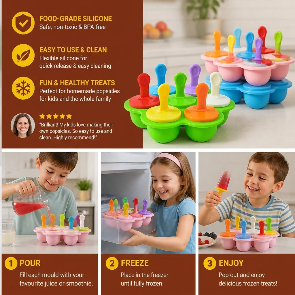 7-Piece Silicone Popsicle Mold โ Reusable Ice Pop Maker for Kids