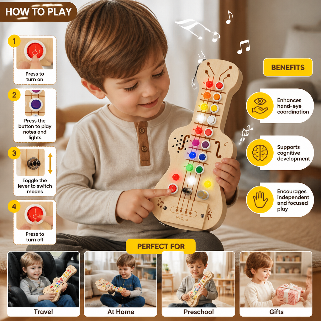 Wooden Light & Sound Guitar Busy Board - Image 2