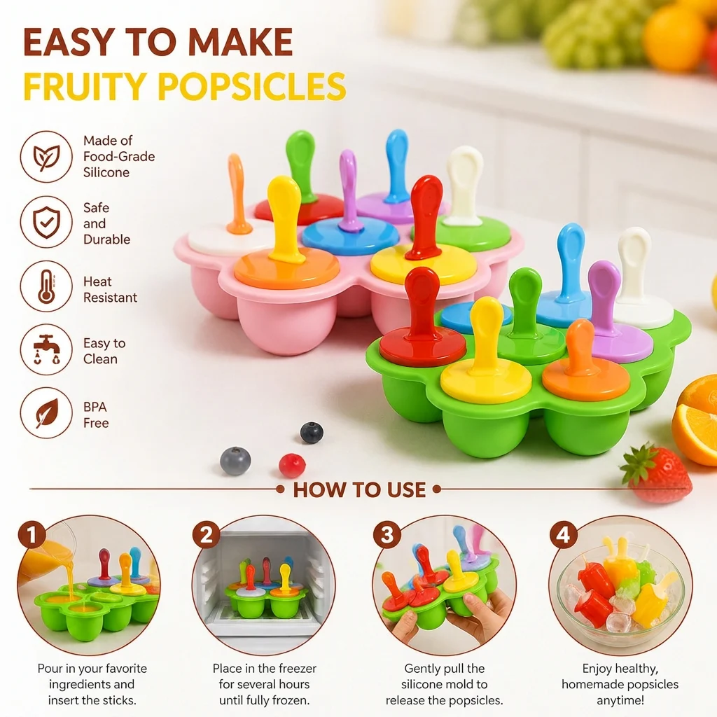 7-Piece Silicone Popsicle Mold โ Reusable Ice Pop Maker for Kids