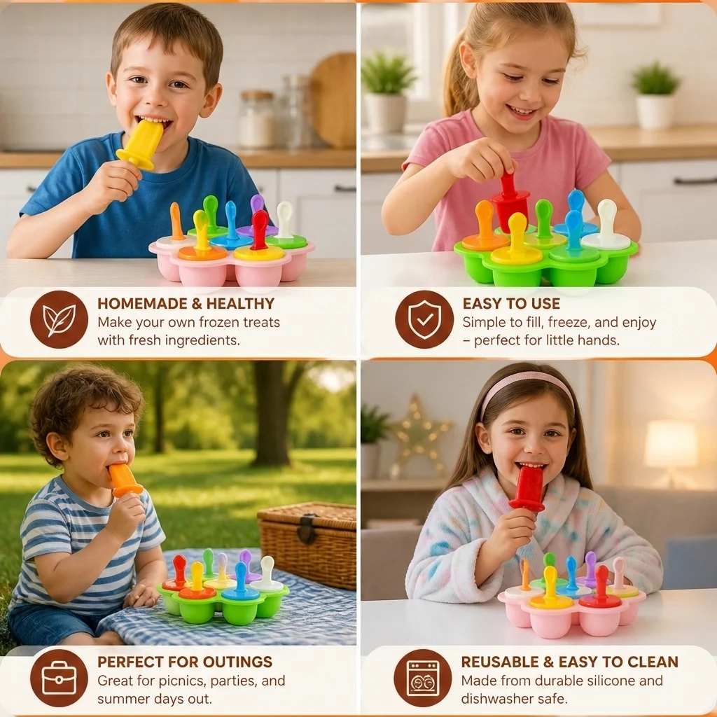 7-Piece Silicone Popsicle Mold โ Reusable Ice Pop Maker for Kids