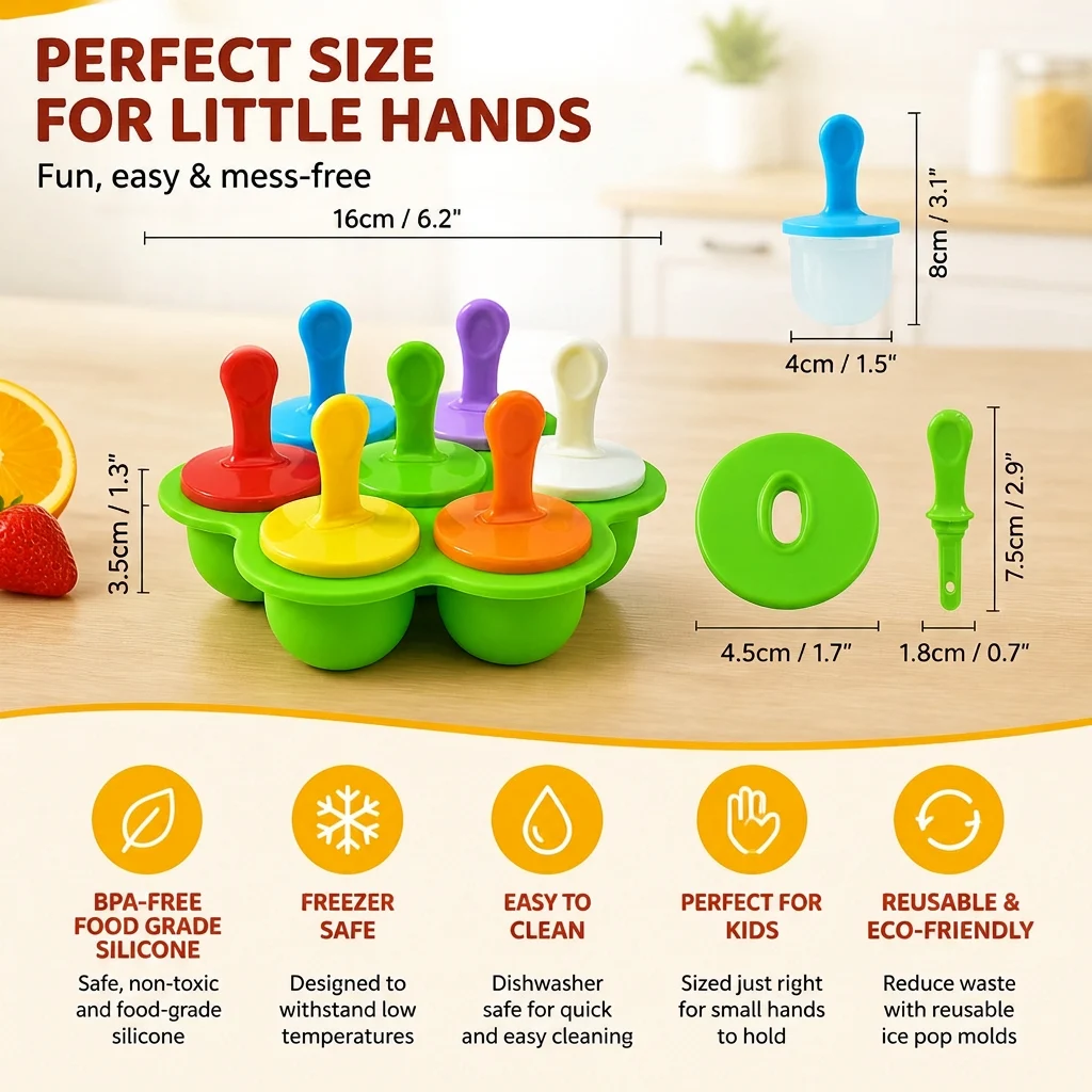 7-Piece Silicone Popsicle Mold โ Reusable Ice Pop Maker for Kids