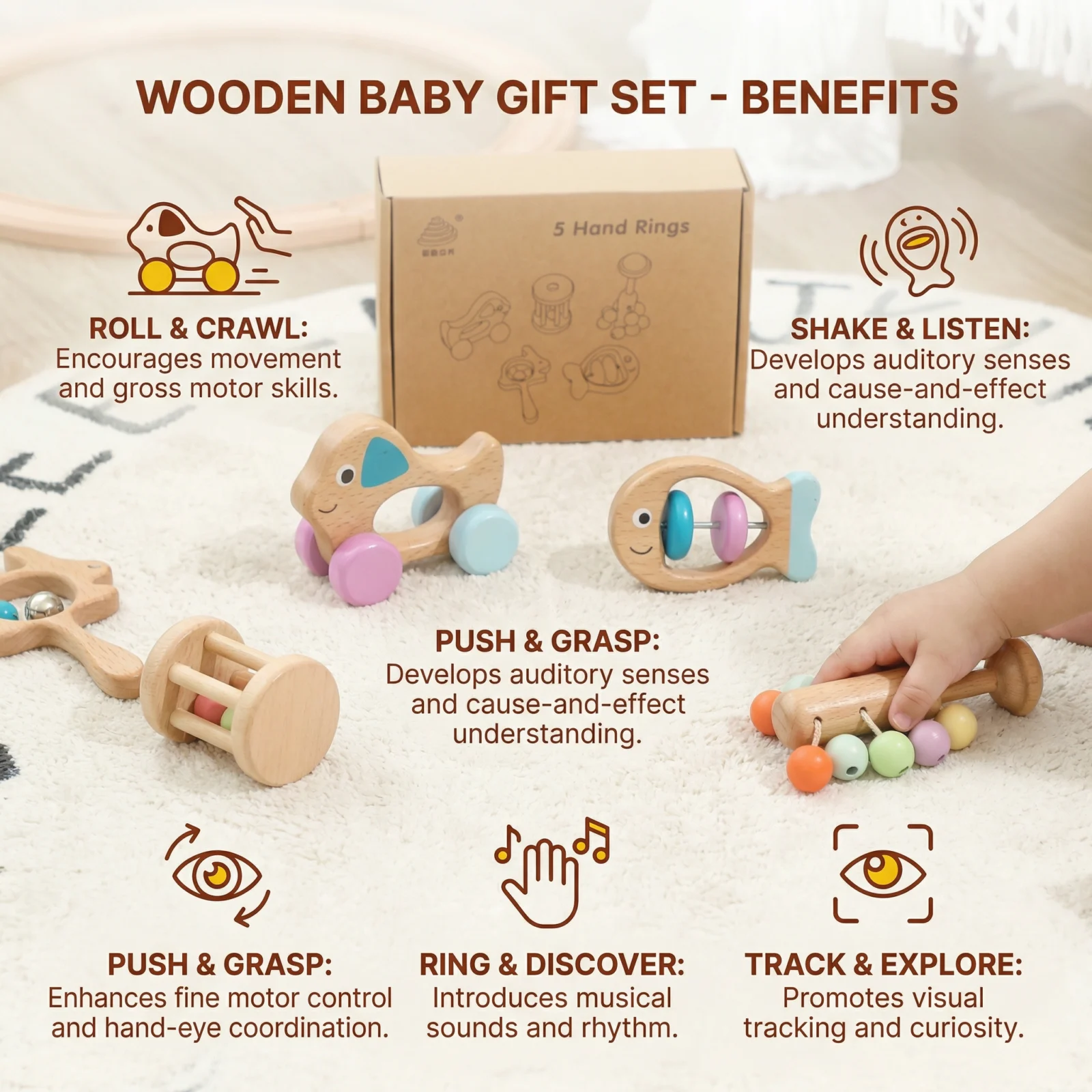 Wooden Baby Gift Set โ Rattle & Musical Toy Set for Newborns