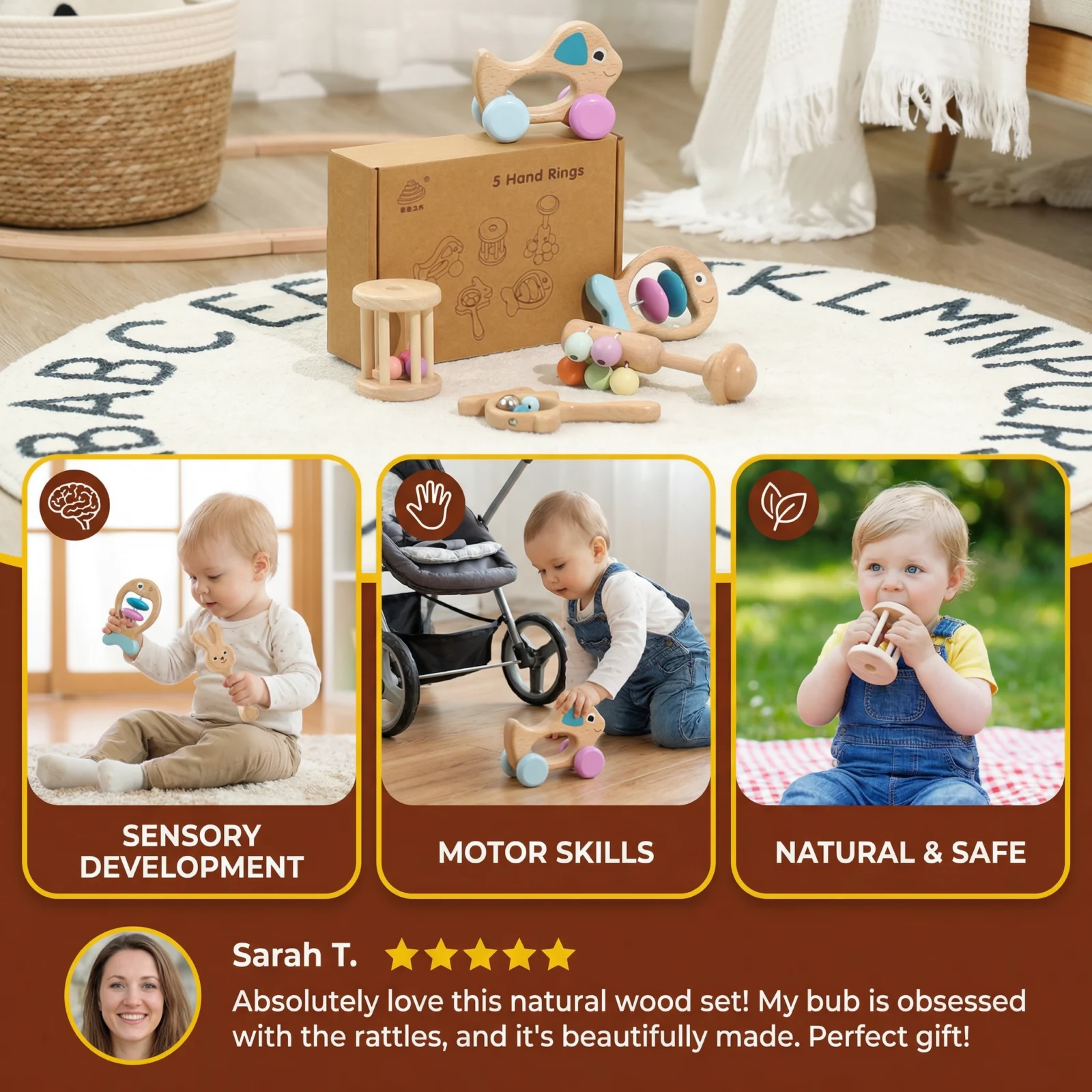 Wooden Baby Gift Set โ Rattle & Musical Toy Set for Newborns