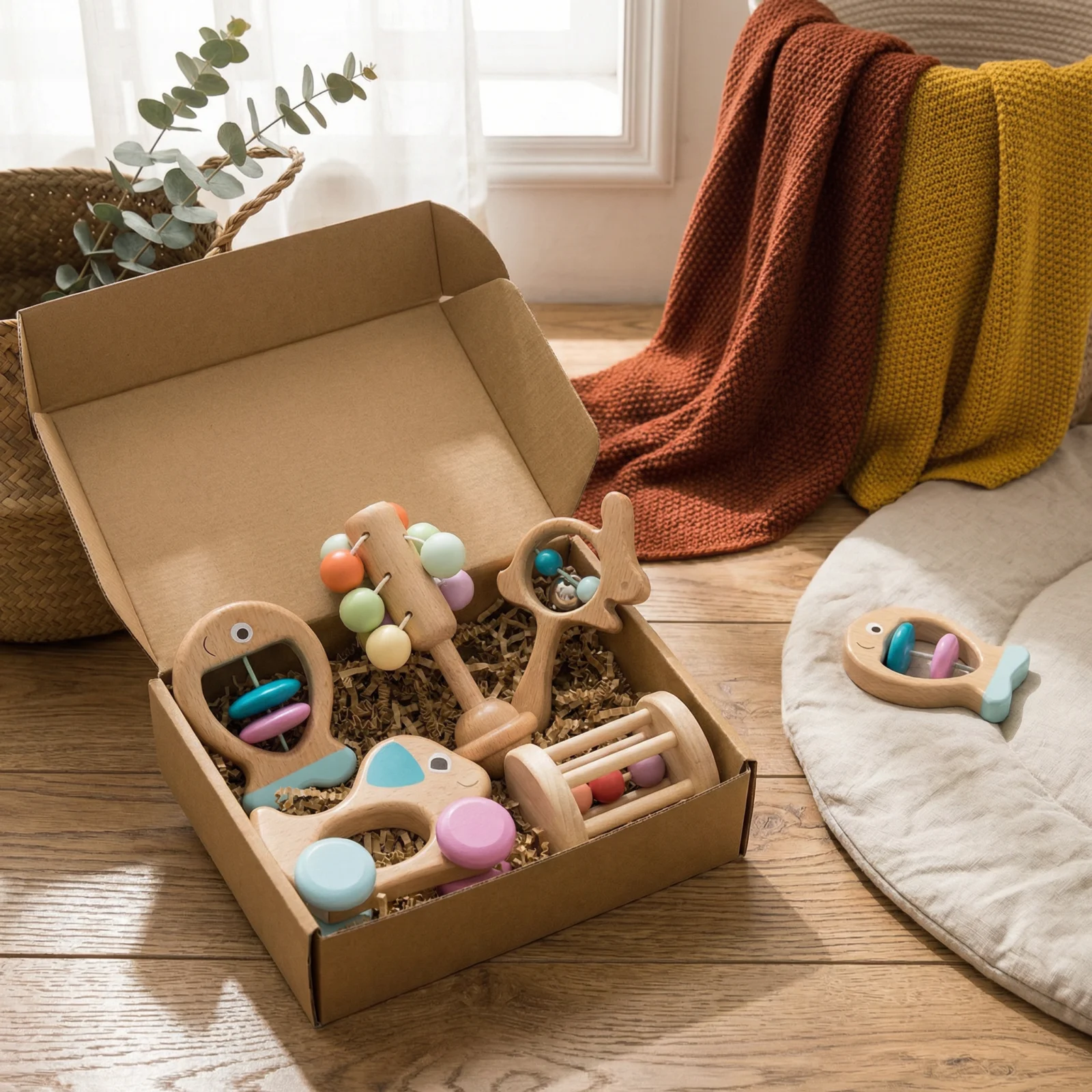 Wooden Baby Gift Set โ Rattle & Musical Toy Set for Newborns