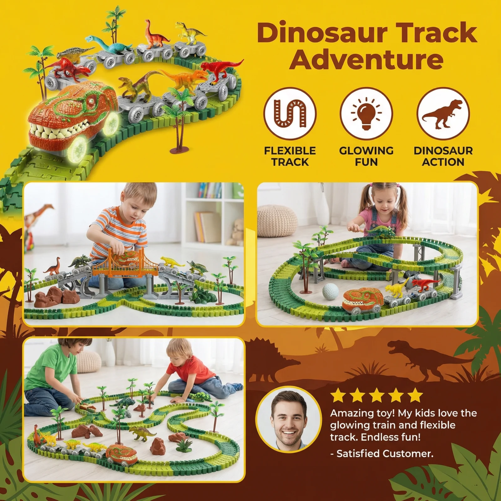 Dinosaur Track Adventure โ Flexible Race Track with Glowing Train