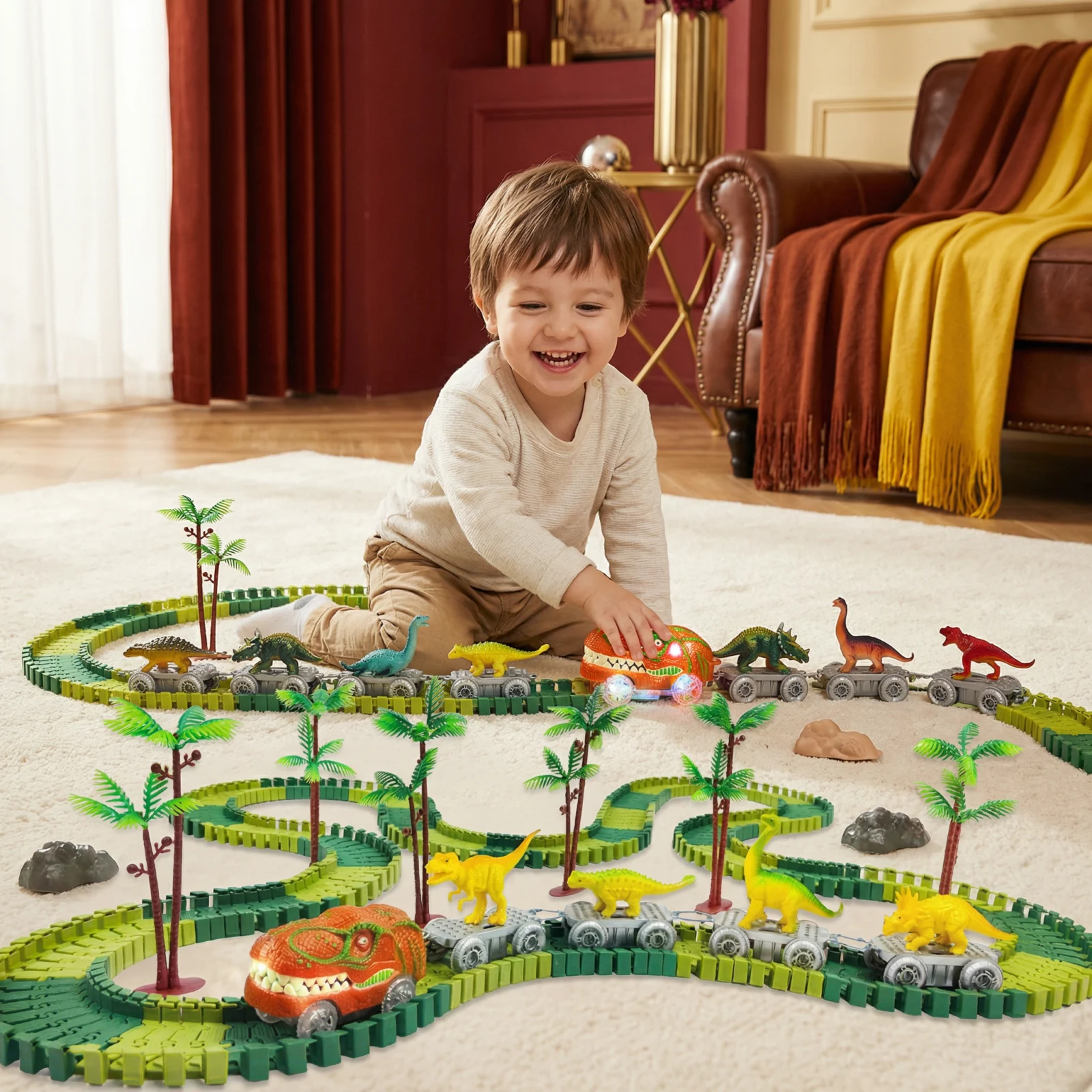Dinosaur Track Adventure โ Flexible Race Track with Glowing Train