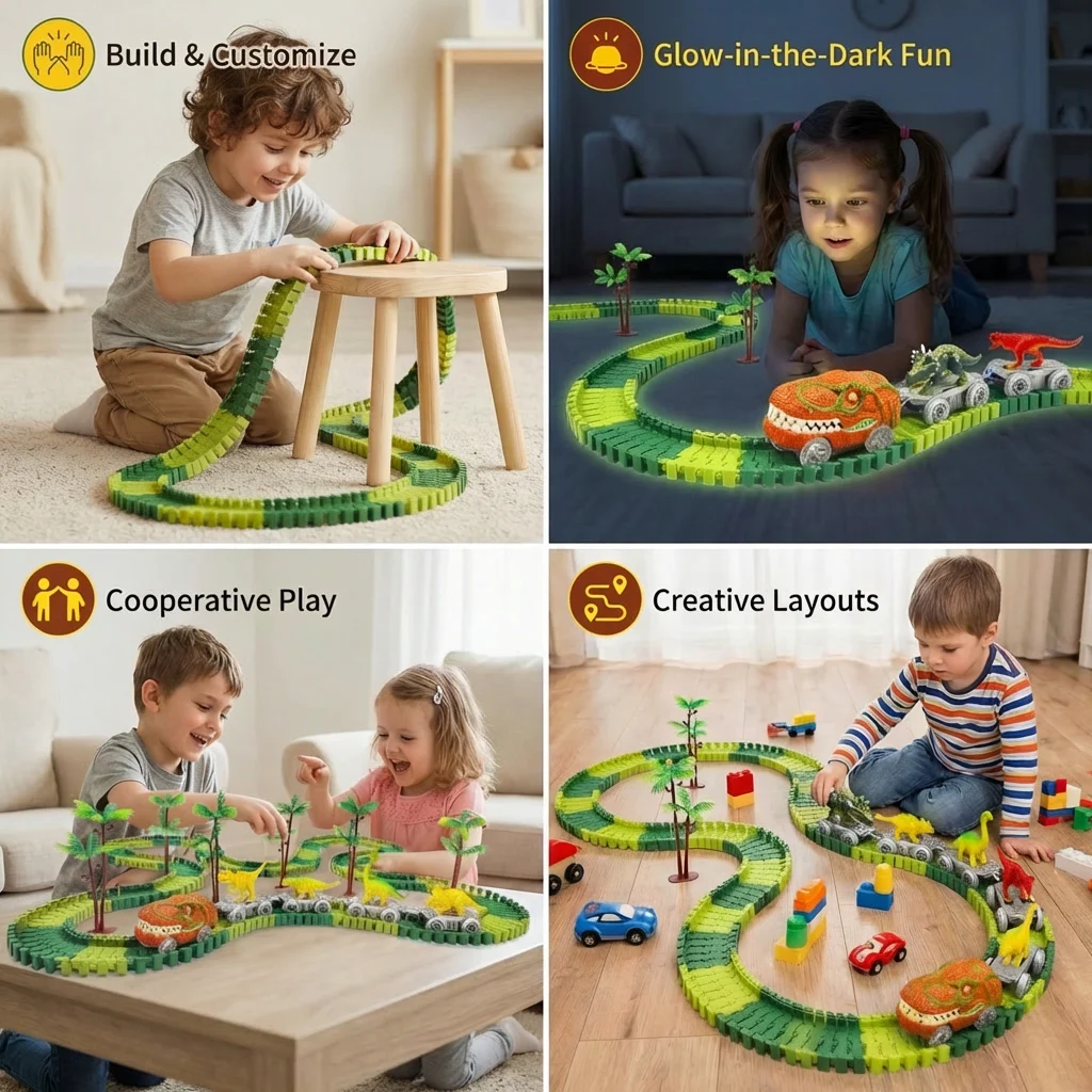 Dinosaur Track Adventure โ Flexible Race Track with Glowing Train