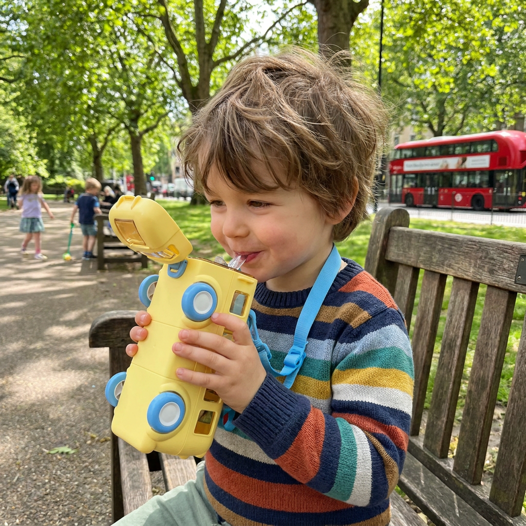 Kids Bus Shaped Water Bottle with Straw and Adjustable Strap - Image 7